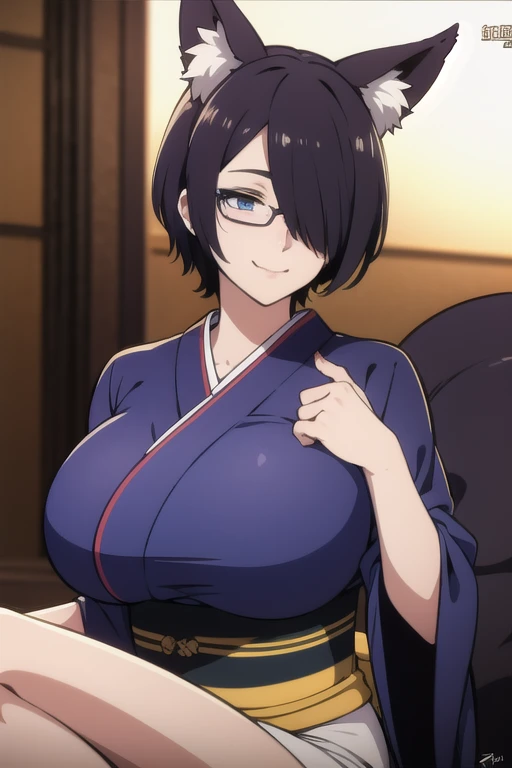 mature women,milf,large breast,beautiful face,long hair, shiny hair, blue eyes,high detailed,black hair, hair over one eye,masterpiece,perfect anatomy,deep cleveage,kimono,fox ears,fox tails,sexy smile,temple night,glasses,