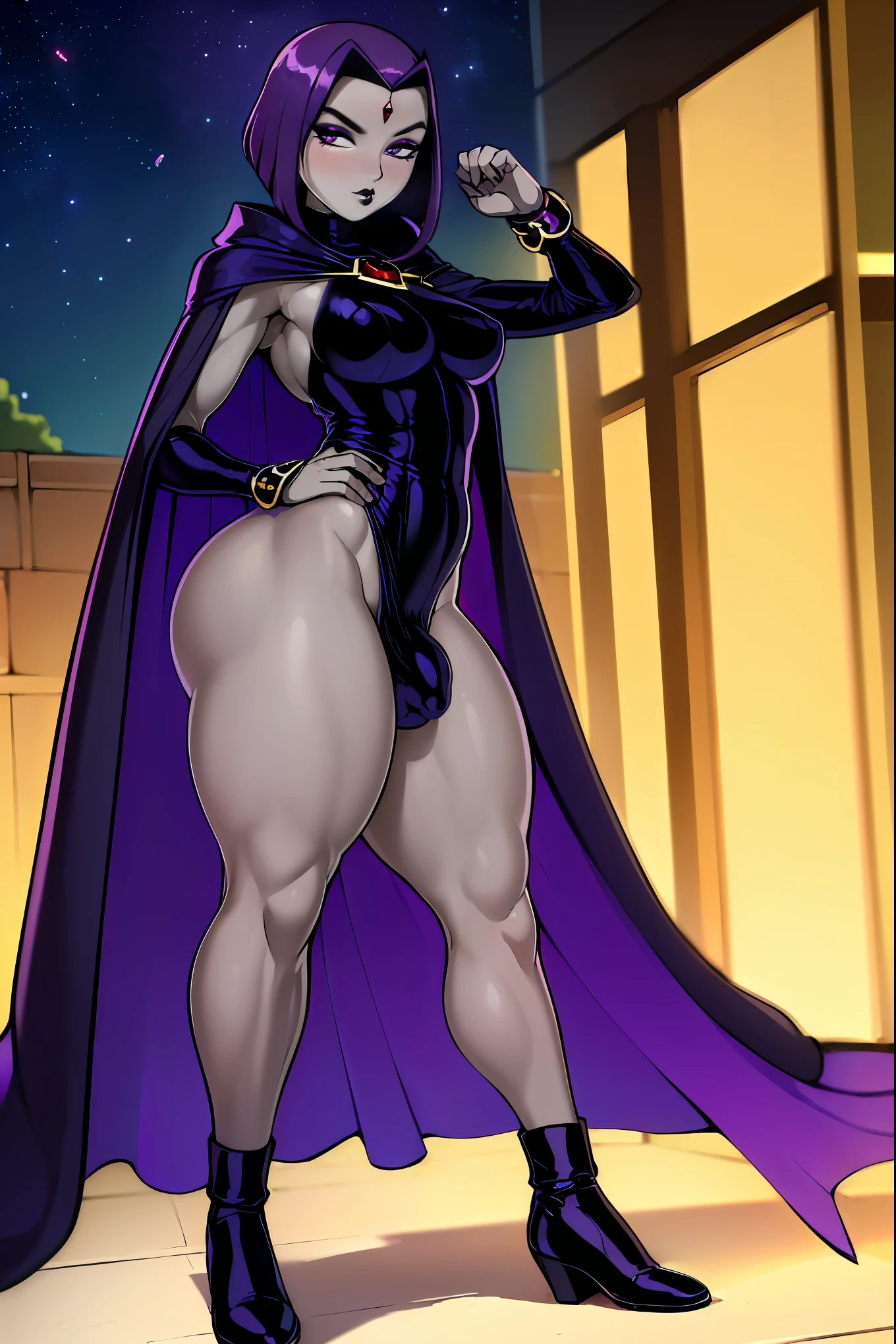 (solo:1.1),(masterpiece), (best quality:1.3), ultra detailed, intricate, professional art, digital art, absurdres, shadraven, (Full body view:1.1), 1girl, solo, (grey skin:1.4), dark purple hair, bob hair, purple eyes, hips wider than shoulders, pear shaped body, jewellery, detailed thighs, thick thighs, red jewel in forehead, jewels, (long sleeved turtleneck leotard:1.3), cuffs, small breasts, (shadraven dark purple cloak), (Shadraven broach:1.2), Shadraven jewel belt, Shadraven wearing a long sleeved leotard posing outside at night, long legs, ( crotch bulge:1.4), large penis, large testicles, erection under clothes, side angle view, looking at viewer, bubble butt , gluteal crease, universal lighting,,