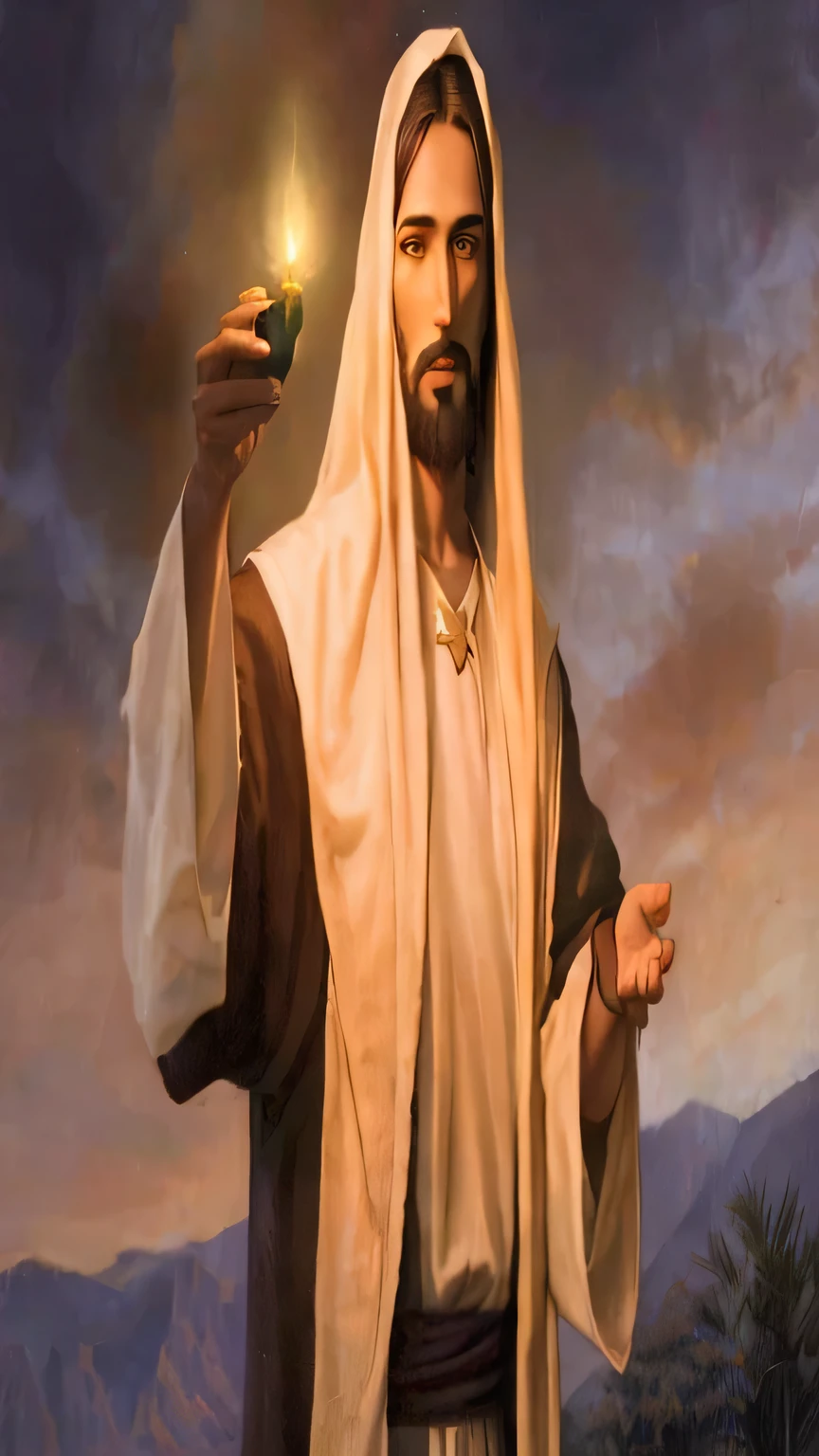 imagem arafada de um homem de manto segurando uma vela acesa, Jesus Cristo, dressed like Jesus Cristo, Jesus of Nazareth, o senhor e salvador, imagens sagradas, jesus, 🚀🚀🚀, holding a sacred symbol, he is casting a lighting spell, Greg Olsen, o verdadeiro Santo Graal, jovem deus todo-poderoso, o Santo Graal, Jesus Cristo in mass effect