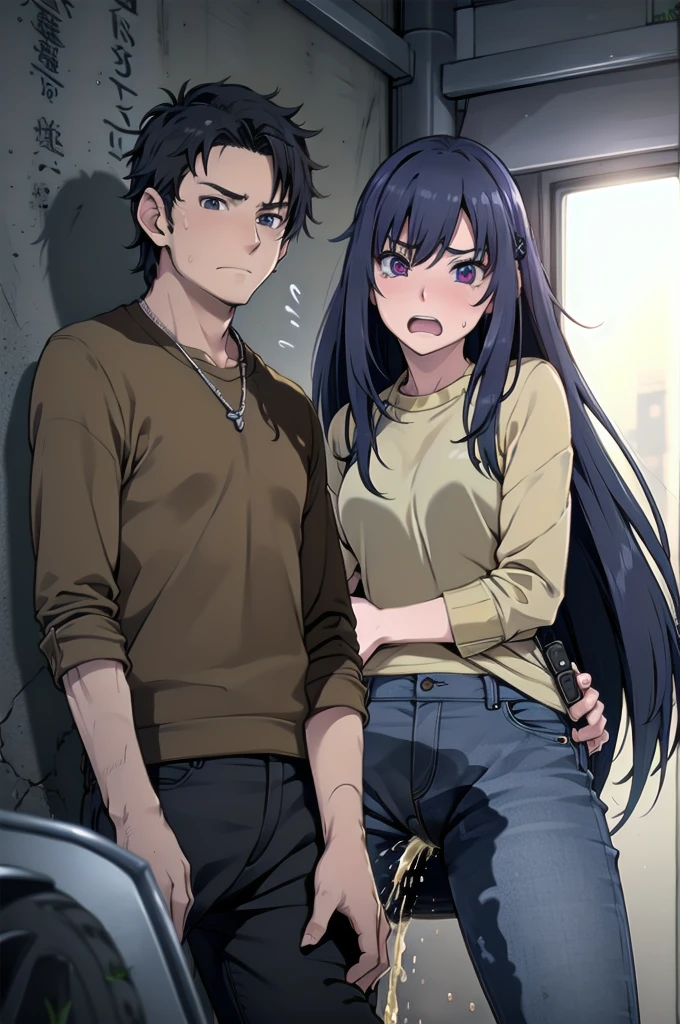 (a young boy:1.25), (a girl:1.1), A man and Sakaki Yumiko wearing denim jeans and a casual sweatshirt, both individuals have a distressed expression on their faces. The man and Yumiko have their hands tightly clutching their crotches as they urgently need to urinate. Yumiko's jeans reveal a noticeable pee stain that runs down her inner thighs.