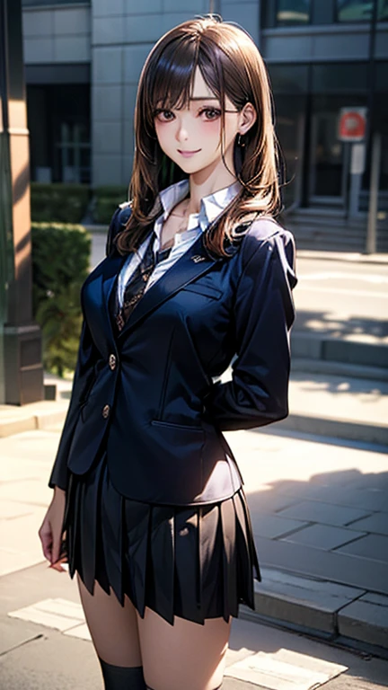(masterpiece:1.2, top-quality), (realistic, photorealistic:1.4), beautiful illustration, (natural side lighting, movie lighting),
looking at viewer, cowboy shot, front view, 1 girl, japanese, high school girl, perfect face, cute and symmetrical face, shiny skin,
(middle hair:1.0, lob:1.0, brown hair), swept bangs, dark brown eyes, long eye lasher, (large breasts:0.6, seductive thighs),
beautiful hair, beautiful face, beautiful detailed eyes, beautiful clavicle, beautiful body, beautiful chest, beautiful thigh, beautiful legs, beautiful fingers,
(((black blazer, close blazer), long sleeve white collared shirts, black pleated skirt, black socks)),
(beautiful scenery), evening, street, standing, (lovely smile, upper eyes),