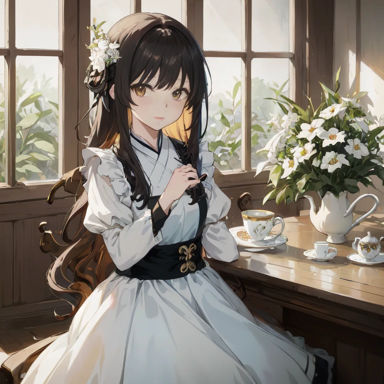 anime girl sitting at a table with a cup of tea, cute anime waifu in a nice dress, anime moe artstyle, artwork in the style of guweiz, anime girl in a maid costume, anime visual of a cute girl, palace , a girl in hanfu, from girls frontline, guweiz on pixiv artstation, in dress