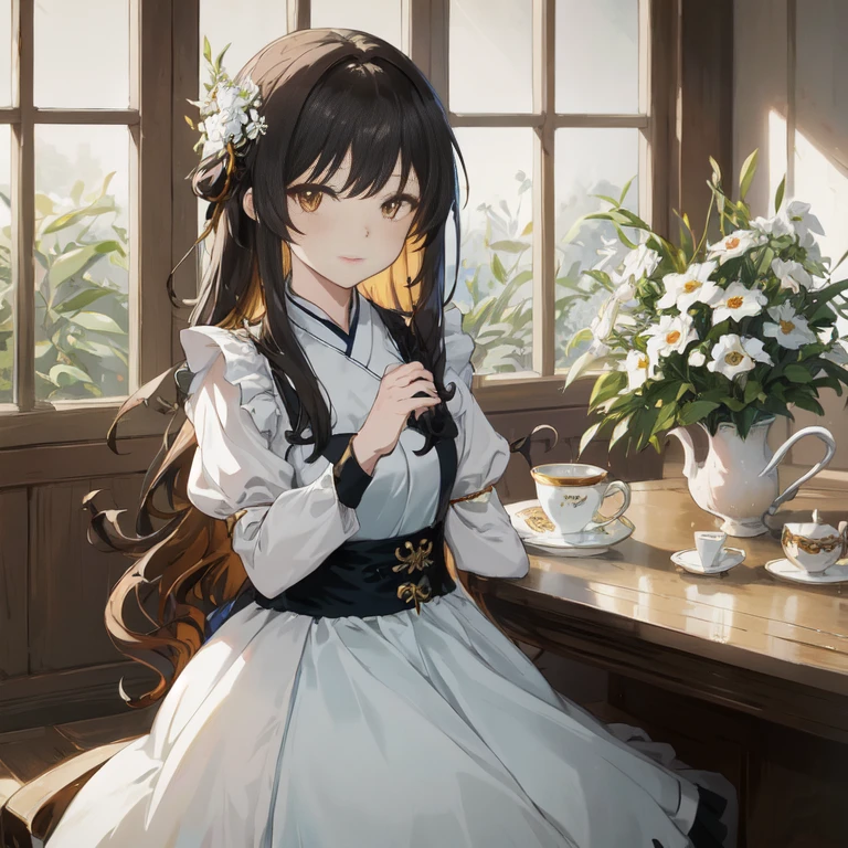 anime girl sitting at a table with a cup of tea, cute anime waifu in a nice dress, anime moe artstyle, artwork in the style of guweiz, anime girl in a maid costume, anime visual of a cute girl, palace , a girl in hanfu, from girls frontline, guweiz on pixiv artstation, in dress