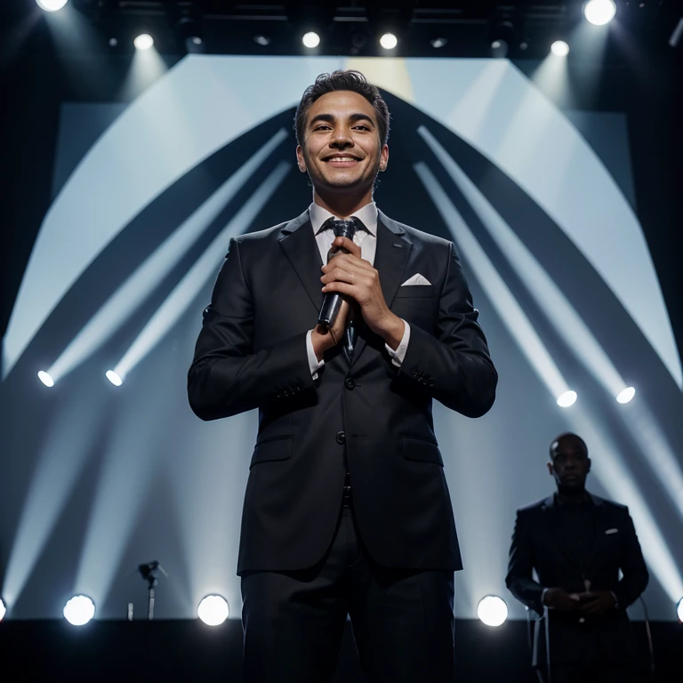 A smiling Carlo Benjamin, dressed in a suit, giving a half-body speech on stage in front of a microphone. The photo is in XL size and the image has realistic details. The stage is well-lit with spotlights, creating a dramatic atmosphere. The colors are vivid and vibrant, enhancing the impact of the image. Carlo Benjamin's confident expression and engaging body language capture the attention of the audience. The microphone and sound equipment are visible, highlighting the importance of communication. The backdrop behind Carlo Benjamin is a tastefully designed podium or banner displaying relevant logos or messages. The overall composition is visually appealing and balanced, with a focus on Carlo Benjamin as the central figure.