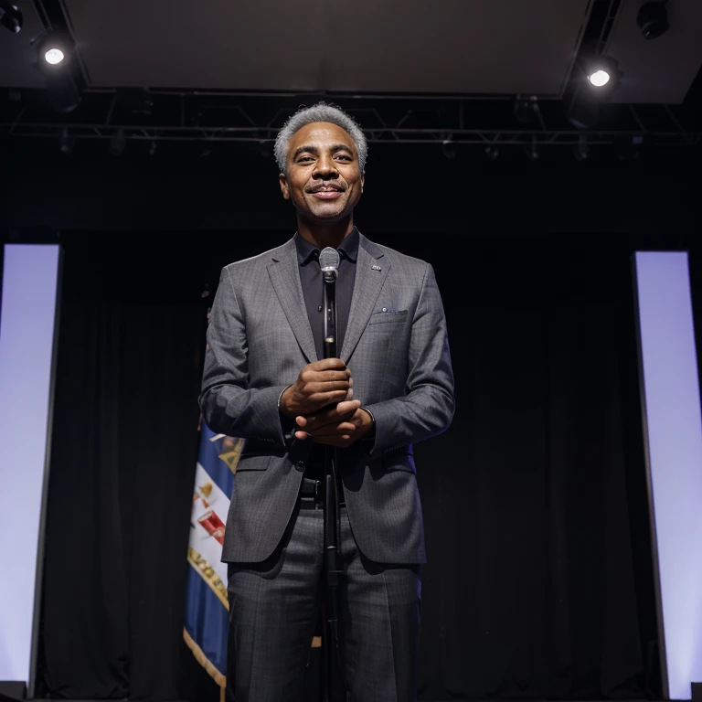 A smiling Carlo Benjamin, dressed in a suit, giving a half-body speech on stage in front of a microphone. The photo is in XL size and the image has realistic details. The stage is well-lit with spotlights, creating a dramatic atmosphere. The colors are vivid and vibrant, enhancing the impact of the image. Carlo Benjamin's confident expression and engaging body language capture the attention of the audience. The microphone and sound equipment are visible, highlighting the importance of communication. The backdrop behind Carlo Benjamin is a tastefully designed podium or banner displaying relevant logos or messages. The overall composition is visually appealing and balanced, with a focus on Carlo Benjamin as the central figure.