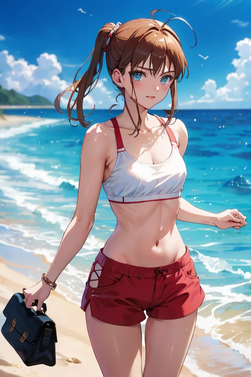 A masterpiece of the highest quality unfolded before me, a realistic depiction of a girl embodying the beauty and grace of Rin Tohsaka from Fate. The sun-kissed scene played out on the sandy beach, with the girl wearing short shorts that accentuated her toned legs and a white shirt that revealed a hint of her cleavage. The cropped top she wore showcased her midriff, adding to the allure of her figure. The girl gazed out at the vast blue sea, her short brown hair slicked back by the gentle ocean breeze. The sky above was filled with a variety of clouds, adding to the picturesque setting. The best shade and