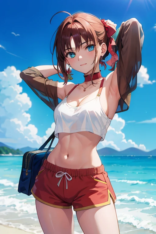 A masterpiece of the highest quality unfolded before me, a realistic depiction of a girl embodying the beauty and grace of Rin Tohsaka from Fate. The sun-kissed scene played out on the sandy beach, with the girl wearing short shorts that accentuated her toned legs and a white shirt that revealed a hint of her cleavage. The cropped top she wore showcased her midriff, adding to the allure of her figure. The girl gazed out at the vast blue sea, her short brown hair slicked back by the gentle ocean breeze. The sky above was filled with a variety of clouds, adding to the picturesque setting. The best shade and