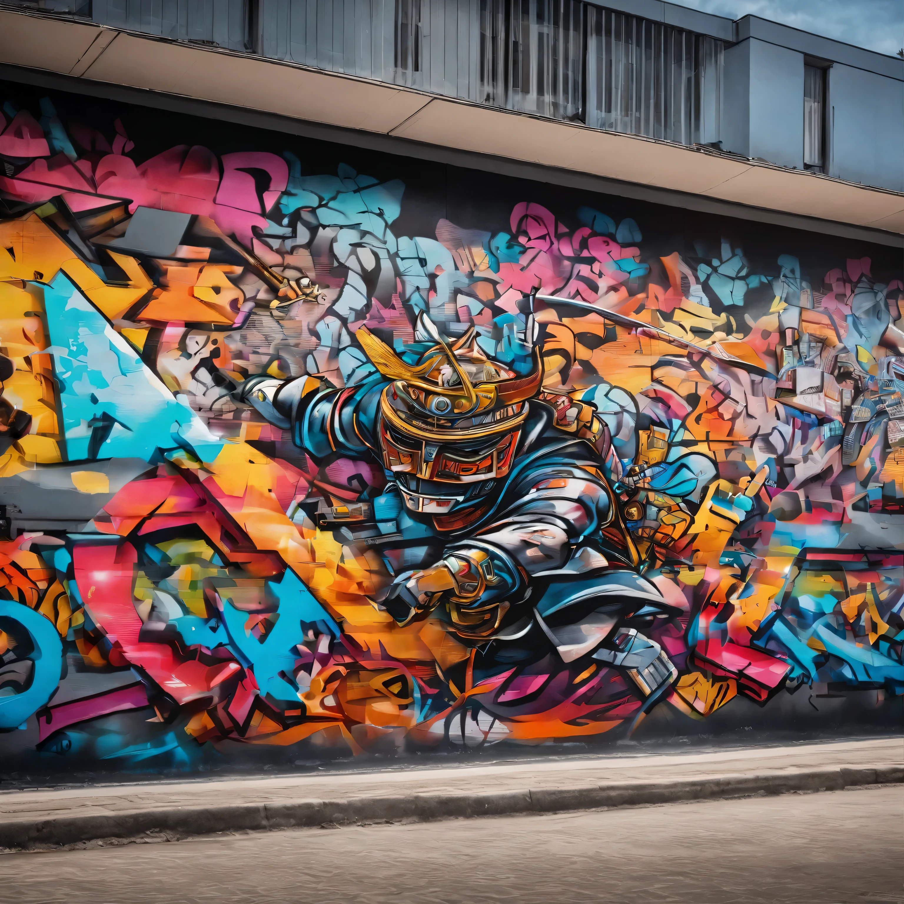 GROUND shot view, GRAFFITI DRAWING OF A SAMURAI ON THE WALL OF A BUILDING AND IN FRONT OF THE WALL THE GRAFFITI ARTIST MAN, 3D style、SPRAY PAINT, (graffiti wall)、UTRA DETAILED ARMOR, ULTRA DETAILED SWORD,  hyper-detailed art、award-winning work, IMPACTFUL VISUAL, outdoor ARTWORK, CINEMATIC LIGHTING, ARTISTIC DETAILS, DYNAMIC SHADOWS ,ATMOSPHERIC EFFECTS, GRAFITI TEXTURES, HIGH-DEFINITION, IMMERSIVE ENVIRONMENT, SUBTLE COLOR GRADING, AUTHENTIC ATMOSPHERE, DETAILED TEXTURES, award winning ARTWORK, MASTERPIECE ARTWORK, trending on artstation, HDR, UHD, 4K, BY EDUARDO KOBRA.
