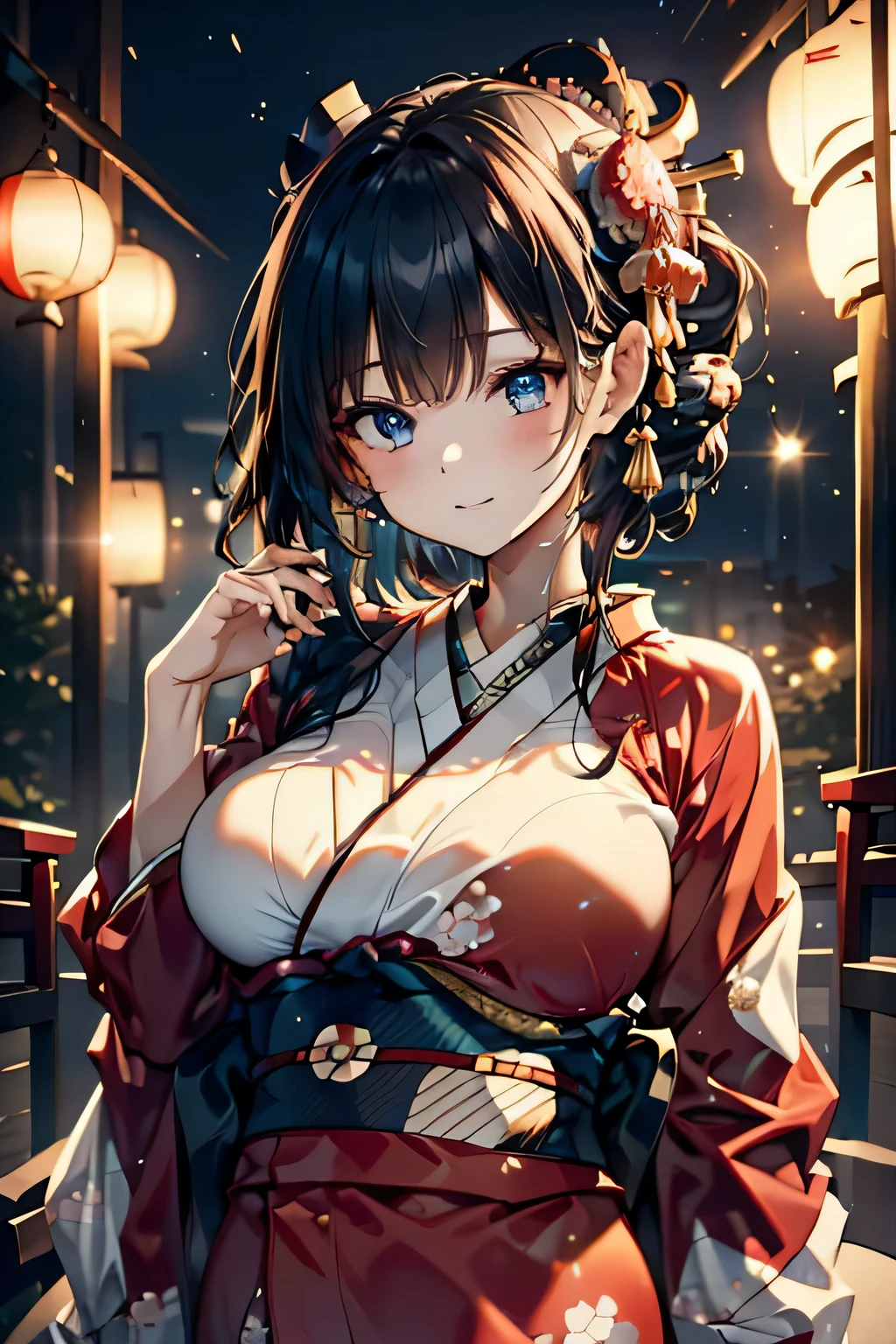 (((Gorgeous courtesan kimono:1.7))),(Beautiful mature woman dressed as an aristocrat&#39;s courtesan),(((A flashy and extravagant courtesan&#39;s costume:1.3))),(Glamorous Jar)(Gorgeous floral hair ornament),Gorgeous floral braided top knot,(Very delicate and beautiful hair,),(((Accentuate larger breasts:1.3))),Fireworks shooting up into the sky against the backdrop of the riverbank at night.、Cute round face,Detailed garment features,Detailed hair features,Detailed facial features,Looking at the camera,(Dynamic Angle),(Dynamic and sexy pose),Cinematic Light,(Ultra-high resolution output images,Written boundary depth,Intricate details,Light and shadow contrast、The subject appears three-dimensional,) ,Single-lens reflex camera, (Realistic:1.3),(8K quality,Anatomically correct facial structure,),(SeaArt 2 Mode:1.3),(Picture Mode Ultra HD,)