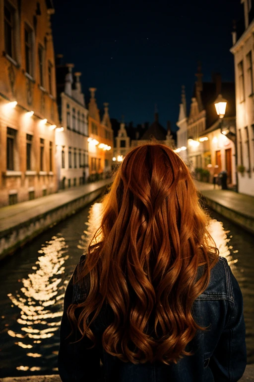 16 year old girl with orange wavy hair on a night in bruges looking ahead (sin mirar a la camara)