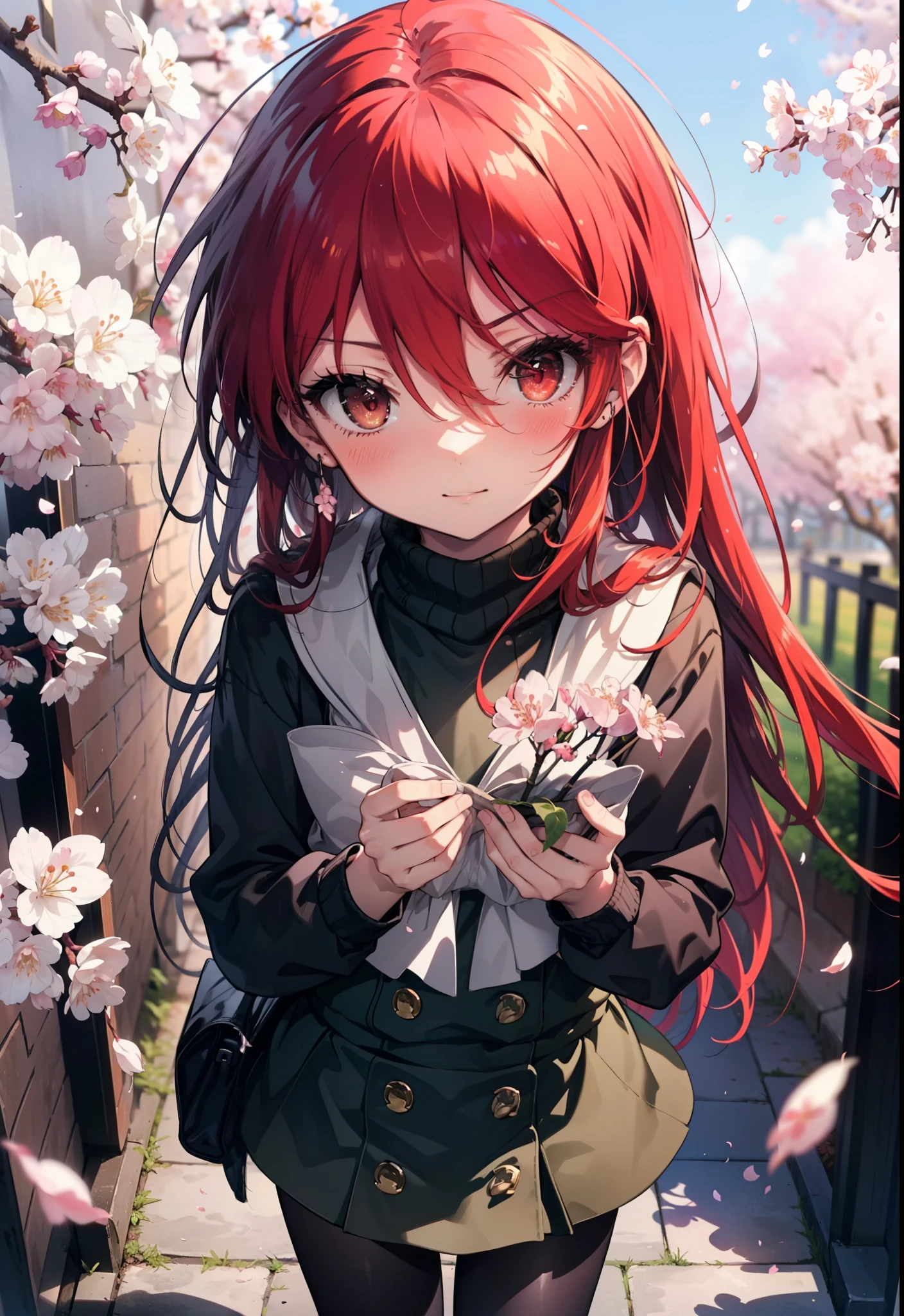 Shana,灼眼のShana,Long Hair, Red Hair, (Red eyes:1.5) (Flat Chest:1.2),smile,blush,Turtleneck sweater,Pleated skirt,Black pantyhose,Mini Boots,Cherry blossom tree-lined path,Cherry blossoms are blooming,Cherry blossoms are scattered,morning,morning陽,The sun is rising,Looking down from above,
break looking at viewer, (Cowboy Shot:1. 5)
break outdoors, garden,
break (masterpiece:1.2), highest quality, High resolution, unity 8k wallpaper, (figure:0.8), (Detailed and beautiful eyes:1.6), Highly detailed face, Perfect lighting, Extremely detailed CG, (Perfect hands, Perfect Anatomy),