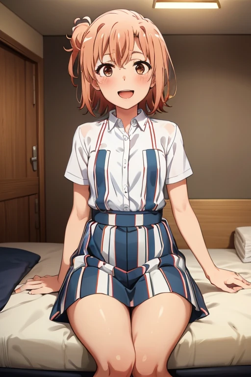 ((highest quality)), ((masterpiece)), (be familiar with), Perfect Face, indoor, Bedroom, Watching the audience,
One woman, Yuigahama Yui,
Open Mouth, Ecstatic expression, blush, smile,
Small breasts, Flat Chest, Young Girl, , , Girl,
Short Hair, Salmon-colored hair, Salmon-colored eyes, Side Pony,
Leg spread,