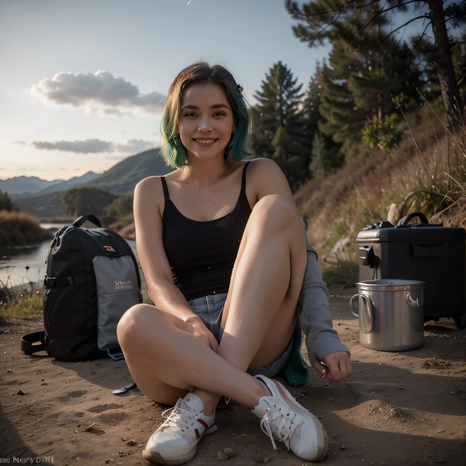 1girls, Nur, green Hair , 24 years old , 1 woman, short pants, cold blouse, short brown shoulder-length hair just above the shoulder, smiling, happy)) masterpiece, top quality, perfect eyes, perfect hands, perfect legs, ultra detailed, solo, outdoor, (sunset) , mountains, nature , (stars, cloud) cheerful, happy, backpack, sleeping bag, camping stove, water bottle, tennis, gloves, flashlight, forest, stones, river, wood, smoke, shadows, contrast, style, ( warm tone, warm tone: 1.2), cinematic light, side lighting, ultra high resolution, best shadow, RAW, log cabin, campfire, 1Best Quality, 8K, Masterpiece:1.3)), Focus: 1.2, Perfect Body Beauty: 1.4, Hips: 1.2, , High Detail Facial and Skin Texture, Thin Eyes, Double Eyelids, , Smile,