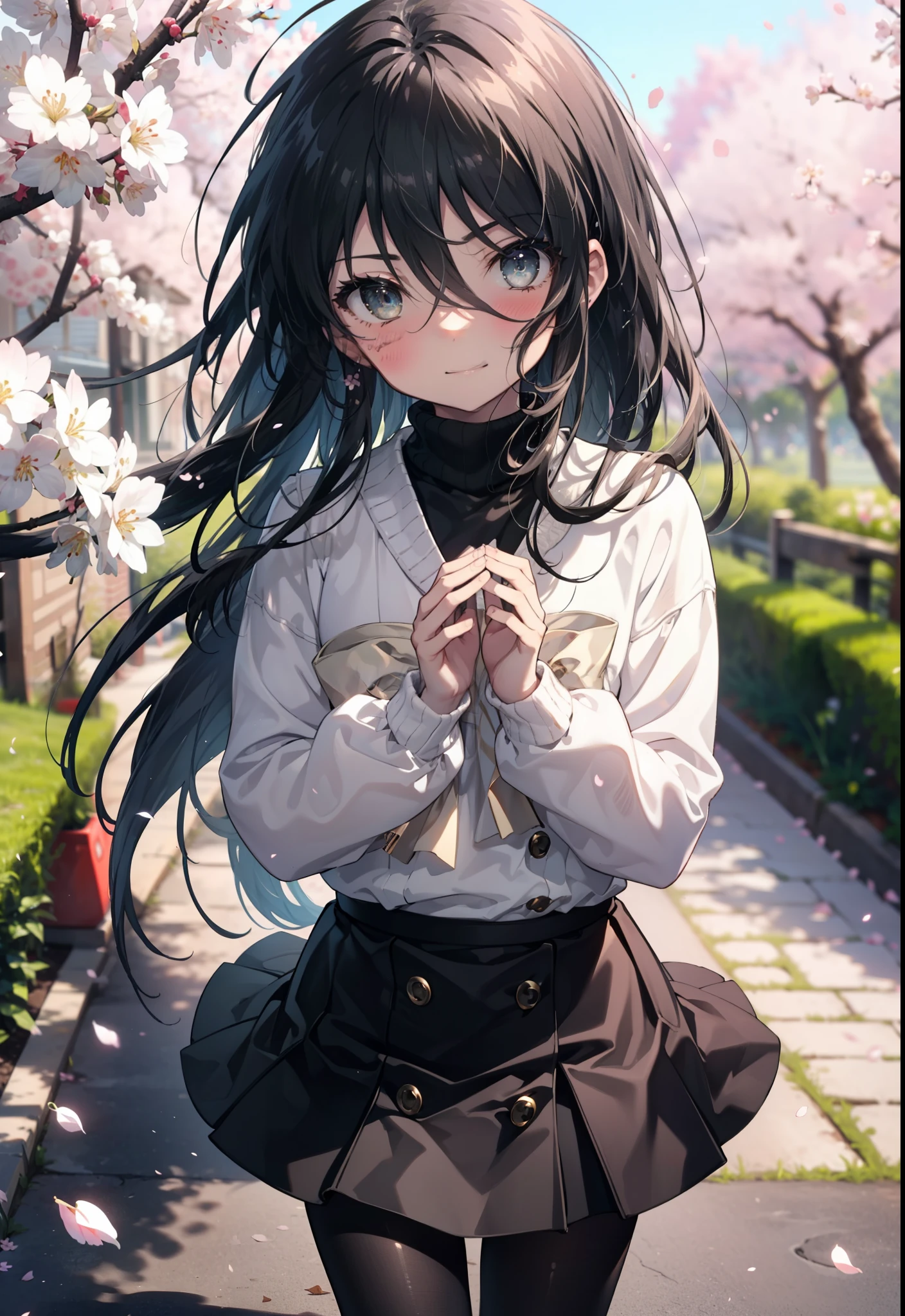 Shana,灼眼のShana,Long Hair,Black Hair, (black eye:1.5) (Flat Chest:1.2),smile,blush,Turtleneck sweater,Pleated skirt,Black pantyhose,Mini Boots,Cherry blossom tree-lined path,Cherry blossoms are blooming,Cherry blossoms are scattered,morning,morning陽,The sun is rising,Looking down from above,
break looking at viewer, (Cowboy Shot:1. 5)
break outdoors, garden,
break (masterpiece:1.2), highest quality, High resolution, unity 8k wallpaper, (figure:0.8), (Detailed and beautiful eyes:1.6), Highly detailed face, Perfect lighting, Extremely detailed CG, (Perfect hands, Perfect Anatomy),