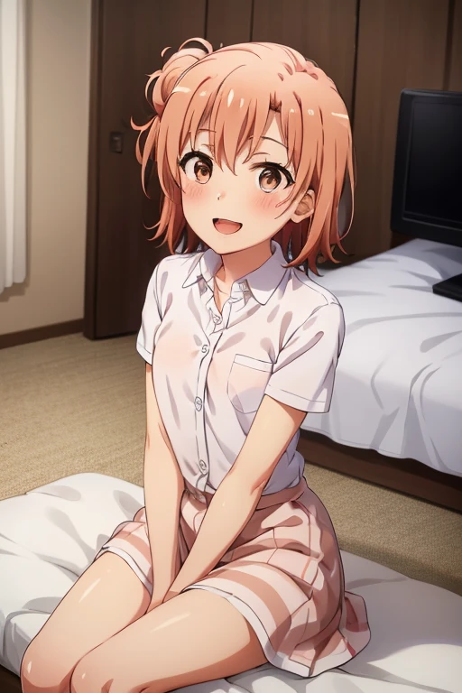 ((highest quality)), ((masterpiece)), (be familiar with), Perfect Face, indoor, Bedroom, Watching the audience,
One woman, Yuigahama Yui,
Open Mouth, Ecstatic expression, blush, smile,
Small breasts, Flat Chest, Young Girl, , , Girl,
Short Hair, Salmon-colored hair, Salmon-colored eyes, Side Pony,
Leg spread,