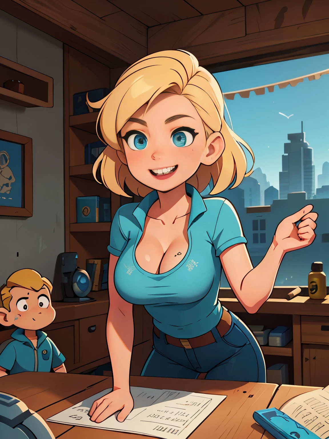 an ultra hot gorgeous (European) woman,23 years old,slender, Blonde wavy hair, BREAK She’s a playmate and men magazine supermodel.BREAK standing outside, smiling, in a fallout post apocalyptic video game environment BREAK wearing a dirty blue Ripped T-shirt ((with vault-tec’s vault-boy logo)) ((cleavage)) ((rule of third composition)) cinematic lighting, movie scene, end of day light. Photorealistic.