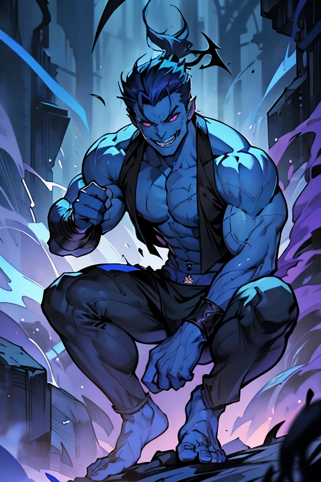 muscular man,(((1man))),((man muscular)),

(((1male,man:1.5,handsome man,male,male gender:1.5,male focus))),macho man,

Alien Fish man, ((blue skin:1.5)), (huge eyes:1.5), (((ear fins:1.5))), (((scaly skin:1.5))),((monster_man)),(deep blue skin:1.5),

((short black hair)),(((lustrous skin:1.5,bright skin: 1.5,shiny skin,very shiny skin,shiny body,illuminated skin))),(glowing eyes, blue_eyes:1.0), (((black sclera:1.5))),symmetrical eyes,((exaggerated muscles,exaggerated shoulders,very muscular and huge)),man chest,handsome face,((((muscular,hairy body,muscular man,tall,big biceps,abs,big thighs,broad shoulders,open chest)))),(((detailed face))),(((square jaw))),

alluring look,nsfw,

(((bare chest,shirtless))),hunter pants,((bulge in pants)),(hunter outfit:1.3,hunter clothes),((wet clothes,intricate outfit,intricate clothes)),

(dynamic pose:1.0),solo focus,((evil smile,evil look)),(centered,scale to fit dimensions,Rule of thirds),

cyberpunk city by the ocean at night, with bright neon signs and dark stormy clouds and puddles, scenery:1.25,nighttime, starry night, cosmos,Very dark night that makes the neon lights stand out, very bright neon lights,nighttime, starry night, cosmos,

highres, sharp focus, (ultra detailed, extremely detailed), (photorealistic artwork:1.37),(extremely detailed CG unity 8k wallpaper),((synthwave background theme)),(((vibrant colors))),(intricate background),(masterpiece),(best quality),
