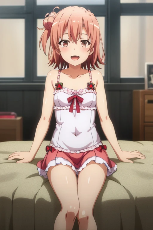 ((highest quality)), ((masterpiece)), (be familiar with), Perfect Face, indoor, Bedroom, Watching the audience,
One woman, Yuigahama Yui,
Open Mouth, Ecstatic expression, blush, smile,
Small breasts, Flat Chest, Young Girl, , , Girl,
Short Hair, Salmon-colored hair, Salmon-colored eyes, Side Pony,
Leg spread,