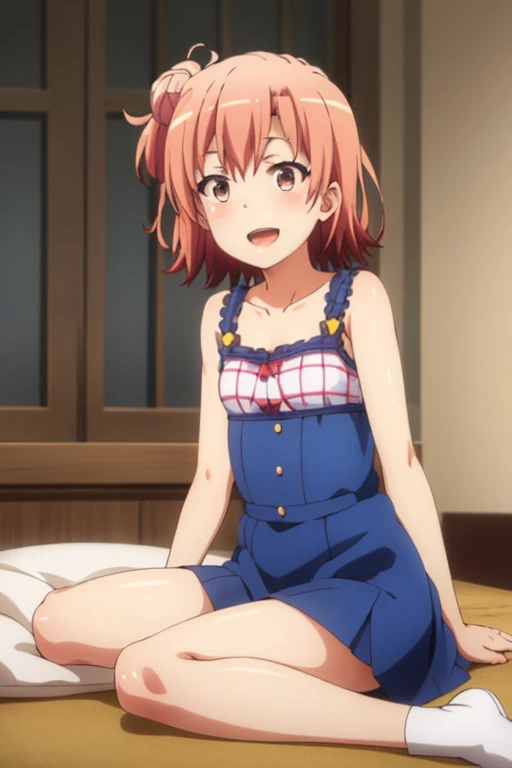 ((highest quality)), ((masterpiece)), (be familiar with), Perfect Face, indoor, Bedroom, Watching the audience,
One woman, Yuigahama Yui,
Open Mouth, Ecstatic expression, blush, smile,
Small breasts, Flat Chest, Young Girl, , , Girl,
Short Hair, Salmon-colored hair, Salmon-colored eyes, Side Pony,
Leg spread,