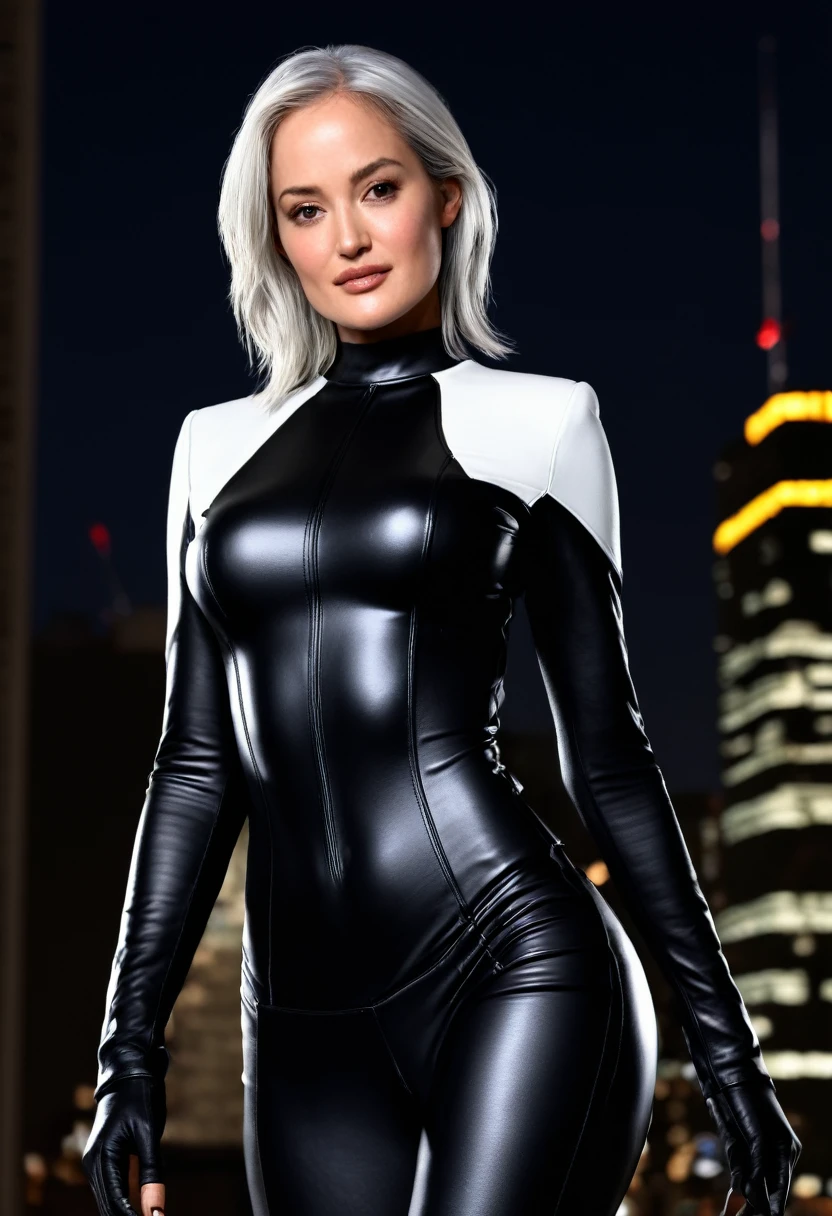 3d, CGI, Render, realistic, realism, photo-realistic, high contrast, (photorealistic:1.4), (perfect female figure), 8k high definition detailed realistic, (best quality, masterpiece:1.2), photon mapping, radiosity, physically-based rendering, best quality, highly detailed, Minka Kelly, spblackcat, fullbodyshot, , white hair, black leather catsuit,domino mask, looking at viewer, night city background , domino mask