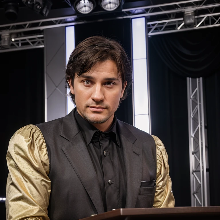 (best quality,photo-realistic:1.2),young man,38-year-old man,tuxedo,stage,podium,lectern,microphone,stern expression,Canon camera,passport photo,natural colors