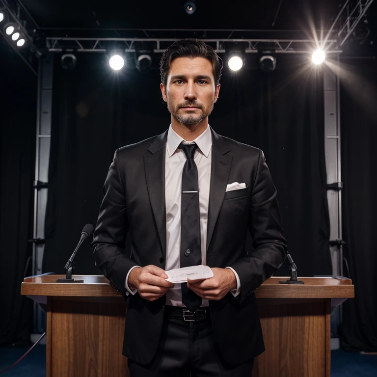 (best quality,photo-realistic:1.2),young man,38-year-old man,tuxedo,stage,podium,lectern,microphone,stern expression,Canon camera,passport photo,natural colors