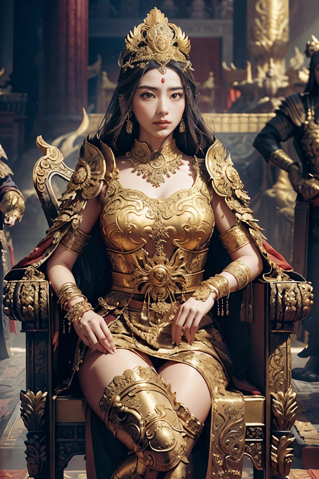 A majestic figure sits regally on a golden throne, nestled within the hallowed walls of a palatial temple. Draped in ornate traditional clothing, the exquisite fabrics shimmer and rustle, illuminated by the warm, golden light that emanates from the room. The intricate designs adorning the figure's attire speak of wealth and power, hinting at their lofty status – be it that of a revered deity or a respected member of the royal family.
The temple's walls, encrusted with intricate golden carvings, frame the exalted figure. Dramatic dragon patterns etched into the gold decorations prominently