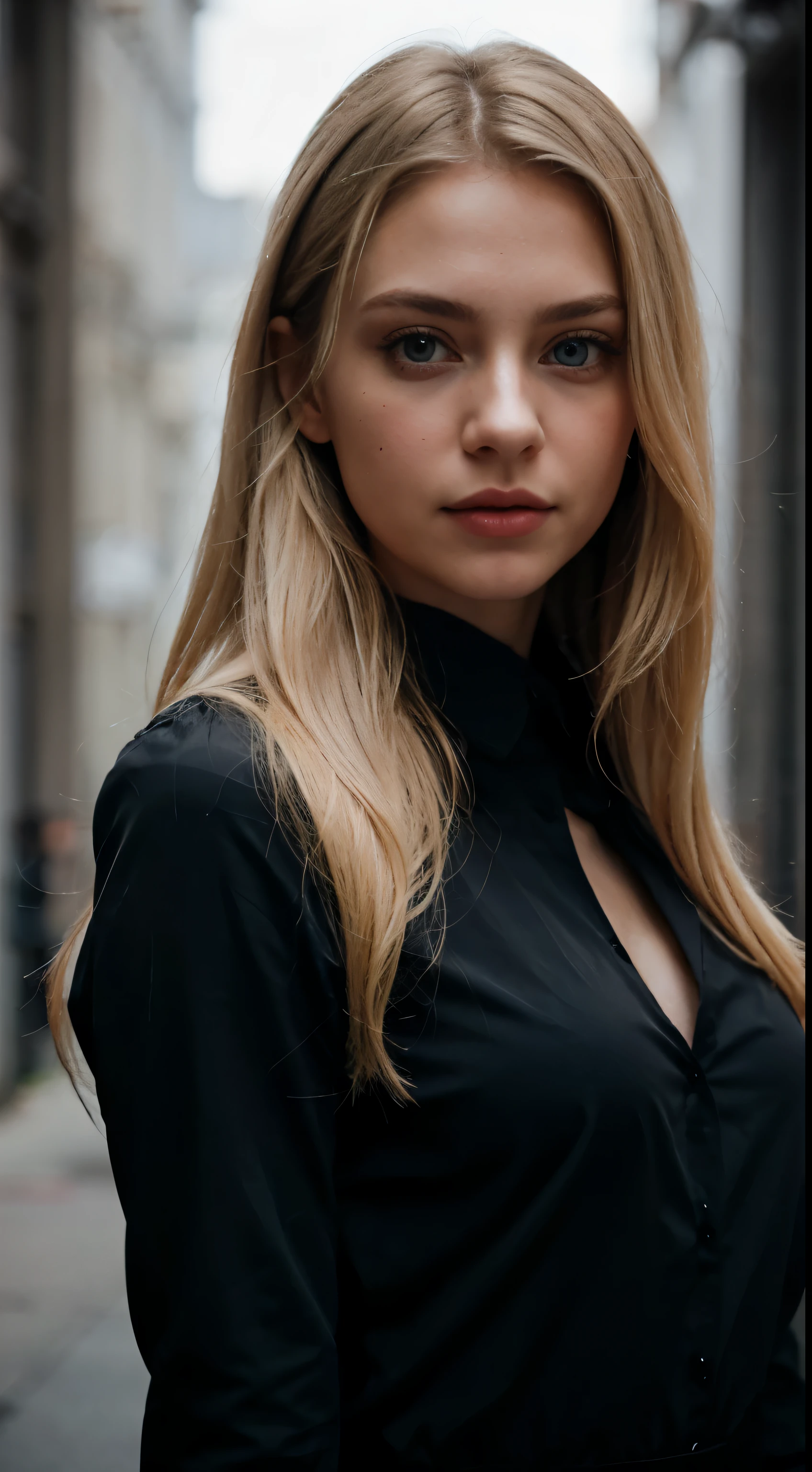 photo of a blonde girl, cute girl, grey eyes, elegant clothes, ((upper body)), dark clothes, blood on face, blood.(GREY EYES)