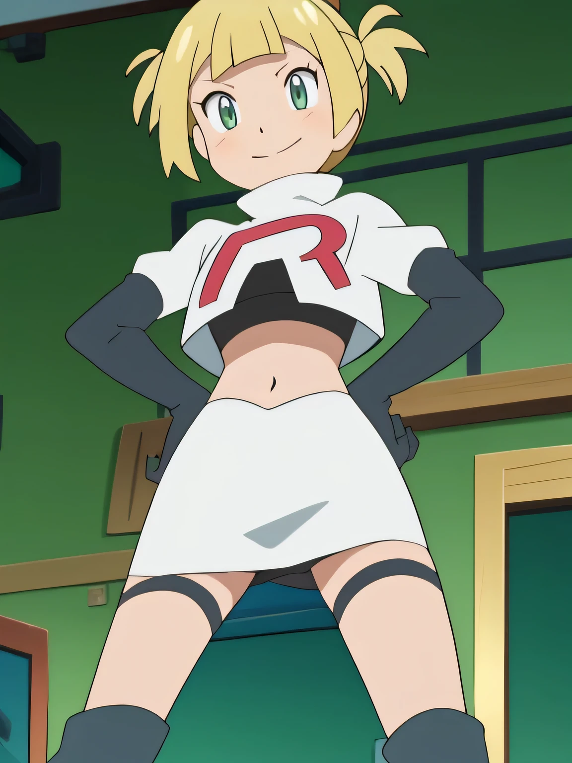 masterpiece,best quality,high res,high quality,8k, masterpiece,highres, team rocket uniform, red letter r, white skirt,white crop top,black thigh-high boots, black elbow gloves, evil smile, looking down at viewer, hands on hips, cowboy shot, zettai ryouiki,spread legs,from below, black panties,anime style, vivid colors, sharp focus, intense lighting,toga himiko