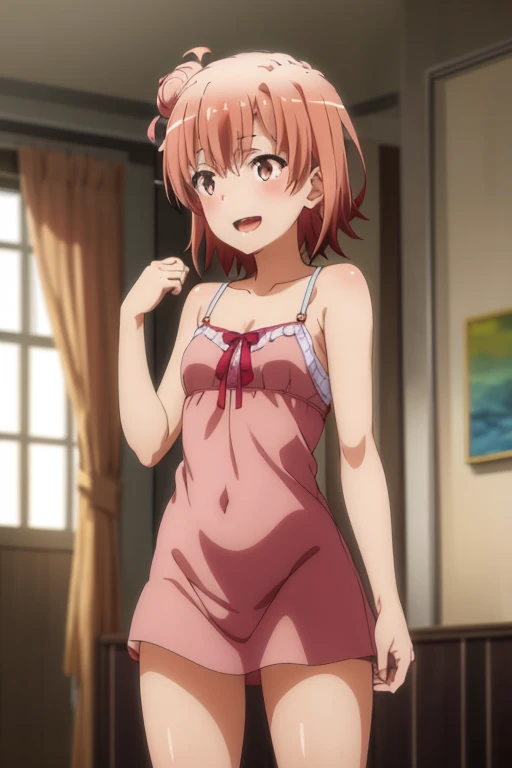 ((highest quality)), ((masterpiece)), (be familiar with), Perfect Face, indoor, Bedroom, Watching the audience,
One woman, Yuigahama Yui,
Open Mouth, Ecstatic expression, blush, smile,
Small breasts, Flat Chest, Young Girl, , , Girl,
Short Hair, Salmon-colored hair, Salmon-colored eyes, Side Pony,
Leg spread,