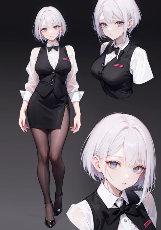 ((Perfect Face)),Purple Hair,short hair,1 female,bartender,,Black vest,,slit,skirt,High heels,,((Simple light color background)),((smile)),((Full Body)),((full body)),Character portrait,Character sheet,upright,