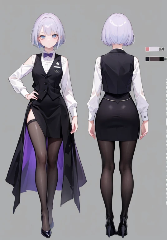 ((Perfect Face)),Purple Hair,short hair,1 female,bartender,,Black vest,,slit,skirt,High heels,,((Simple light color background)),((smile)),((Full Body)),((full body)),Character portrait,Character sheet,upright,