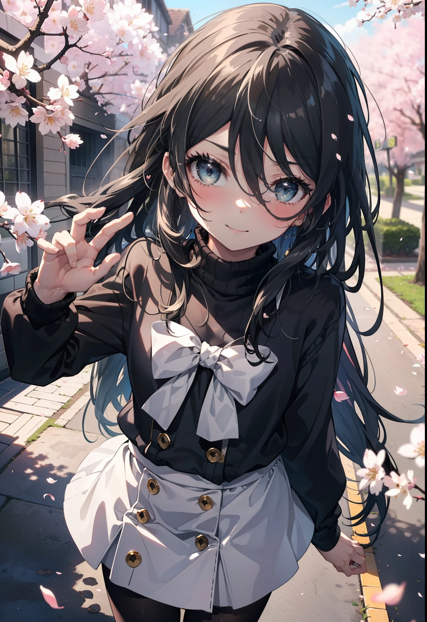 Shana,灼眼のShana,Long Hair,Black Hair, (black eye:1.5) (Flat Chest:1.2),smile,blush,Turtleneck sweater,Long skirt,Black pantyhose,Mini Boots,Cherry blossom tree-lined path,Cherry blossoms are blooming,Cherry blossoms are scattered,morning,morning陽,The sun is rising,Looking down from above,
break looking at viewer, (Cowboy Shot:1. 5)
break outdoors, garden,
break (masterpiece:1.2), highest quality, High resolution, unity 8k wallpaper, (figure:0.8), (Detailed and beautiful eyes:1.6), Highly detailed face, Perfect lighting, Extremely detailed CG, (Perfect hands, Perfect Anatomy),