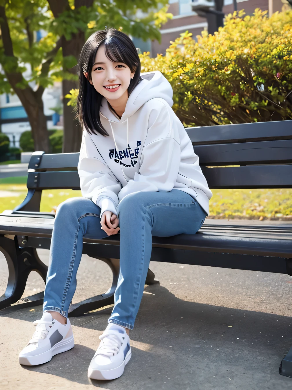 highest quality)), ((masterpiece)), (Get used to it), Perfect Face、((highest quality)), A neat and beautiful woman sitting on a park bench、ear piercing、hoodie、Skinny jeans、sneakers、Black Hair、Smiling with teeth showing、Full body photo、Ear piercing information
