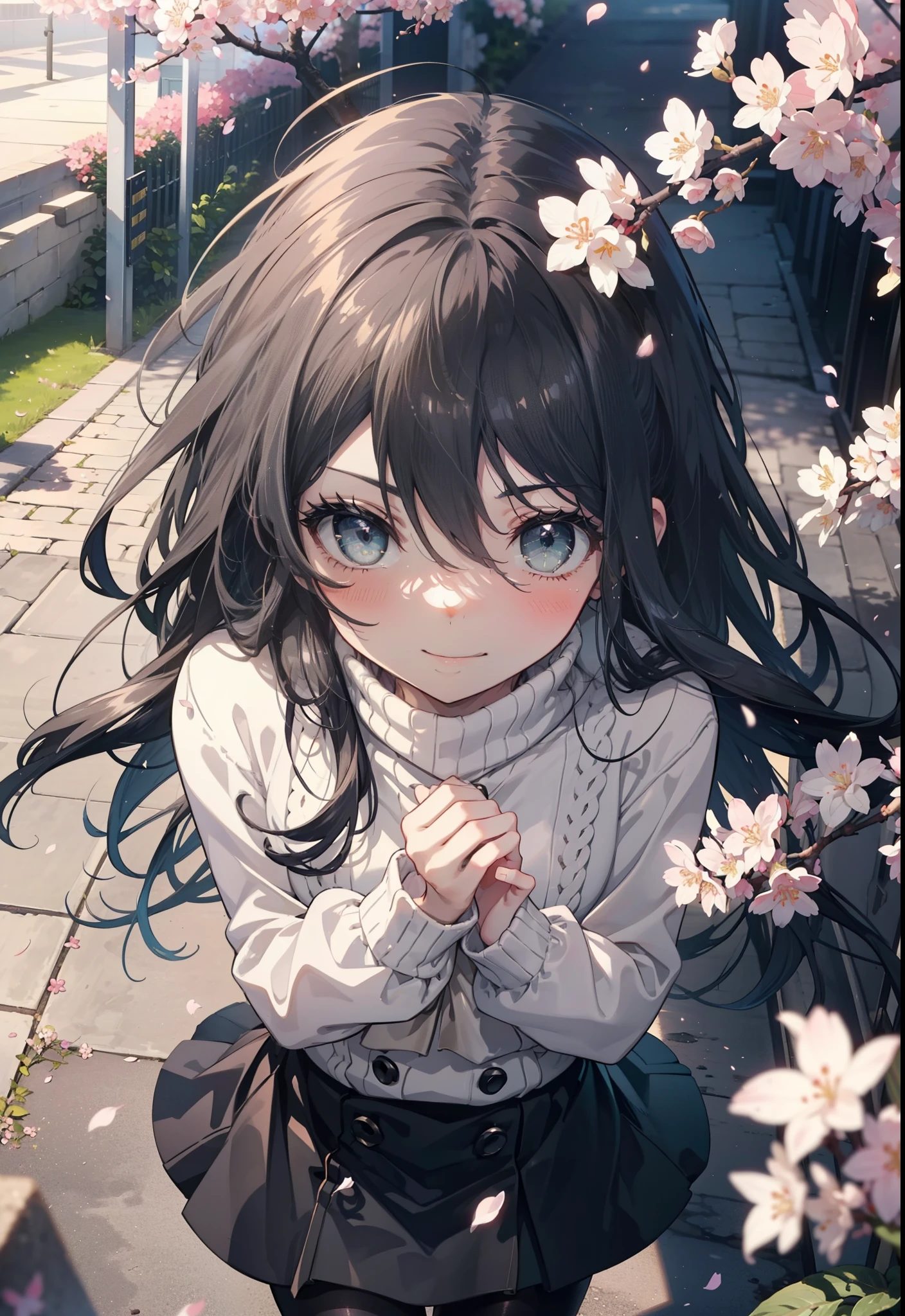 Shana,灼眼のShana,Long Hair,Black Hair, (black eye:1.5) (Flat Chest:1.2),smile,blush,Turtleneck sweater,Long skirt,Black pantyhose,Mini Boots,Cherry blossom tree-lined path,Cherry blossoms are blooming,Cherry blossoms are scattered,morning,morning陽,The sun is rising,Looking down from above,
break looking at viewer, (Cowboy Shot:1. 5)
break outdoors, garden,
break (masterpiece:1.2), highest quality, High resolution, unity 8k wallpaper, (figure:0.8), (Detailed and beautiful eyes:1.6), Highly detailed face, Perfect lighting, Extremely detailed CG, (Perfect hands, Perfect Anatomy),