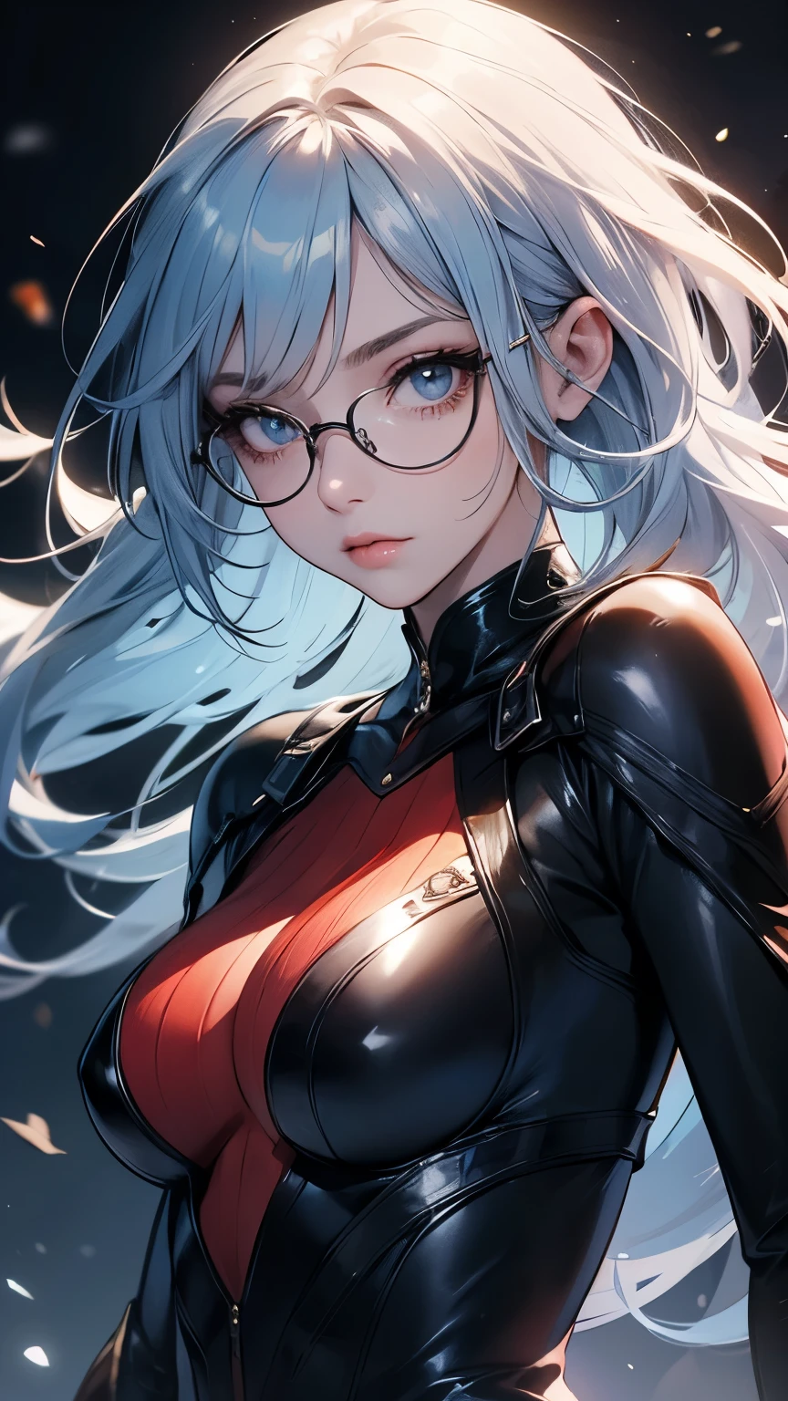 beautiful face, best quality, ultra high resnatural light, shiny skin, detailed skin, detailed face, detailed eyes, beautiful lady, light blue hair, straight hair, floating hair, big hair, mole under eye, bespectacled, red frame glasses, A scene from a science fiction movie, a brilliant fantastic background, a body-hugging navy metal suit, thick belt.