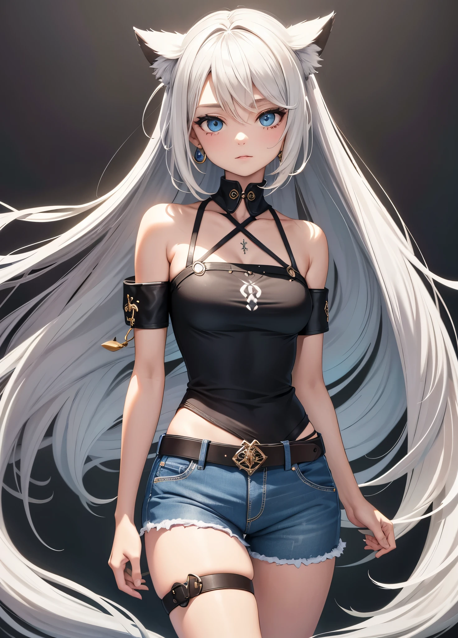 obra de arte, melhor qualidade, 1 garota, Sozinho, corte superior, shorts jeans, gargantilha, (grafite:1.5), respingos de tinta, arms behind the back, contra a parede, olhando para o espectador, clamp, Thigh strap, pintar no corpo, Tilt your head, entediado, cabelo multicolorido, water eyes, fone de ouvido,