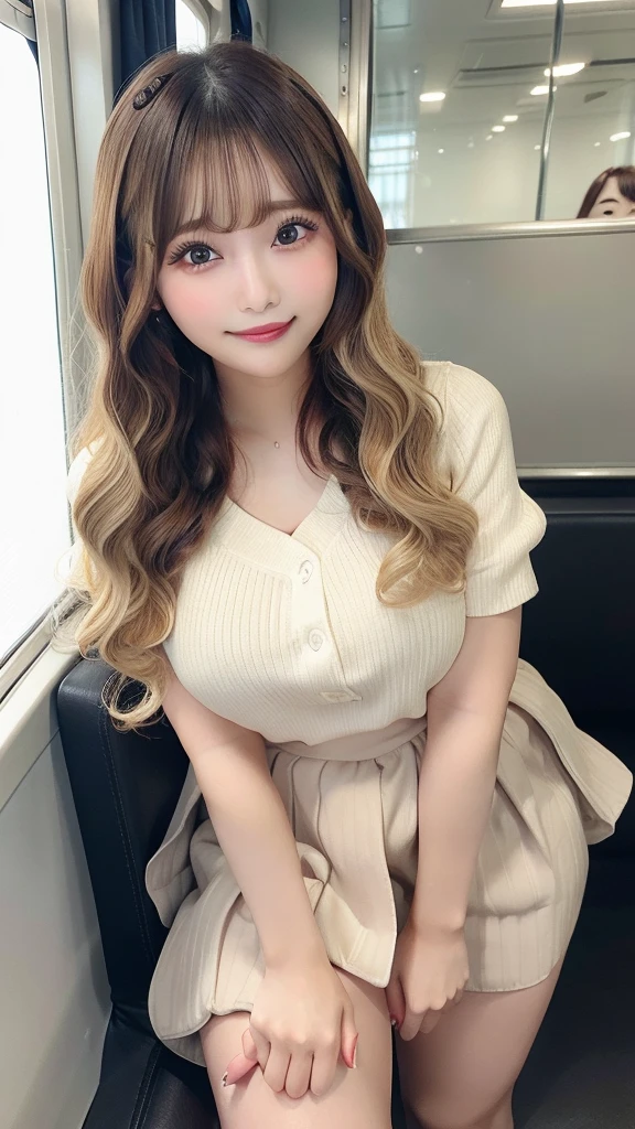masterpiece, best quality, photo, japanese 20 years old high school girl stick out her butts from a train sofa as if looking into the window behind her, micro mini pleated skirt, turn around and look at the viewer with smile, and lift up her micro to reveal her butt. have big breasts, baby face, smile, Full body figure, back shot, Wavy Hair、lipstick、Long eyelashes、Perfect Makeup、Big breasts、(Perfect Hair:1.2), (parted bangs)、(Curly Hair:1.3)、(Blonde:1.3)、(Good lighting), 
