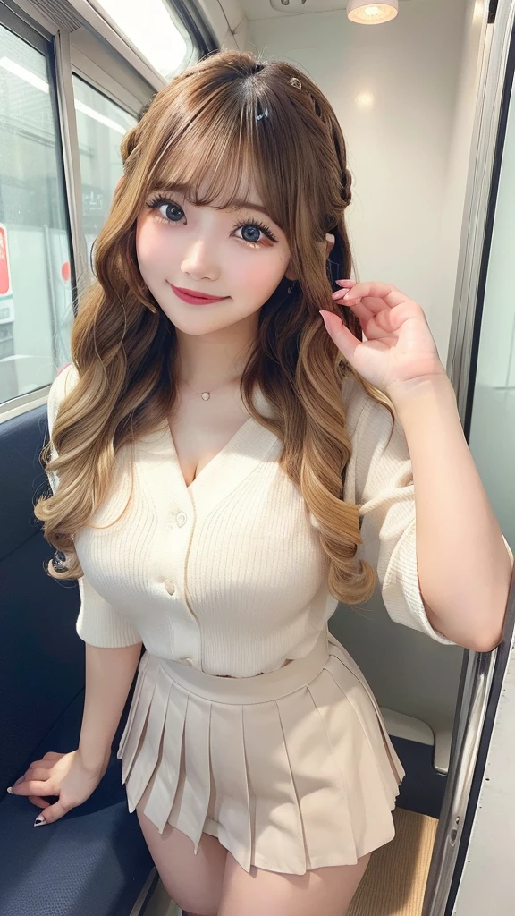 masterpiece, best quality, photo, japanese 20 years old high school girl stick out her butts from a train sofa as if looking into the window behind her, micro mini pleated skirt, turn around and look at the viewer with smile, and lift up her micro to reveal her butt. have big breasts, baby face, smile, Full body figure, back shot, Wavy Hair、lipstick、Long eyelashes、Perfect Makeup、Big breasts、(Perfect Hair:1.2), (parted bangs)、(Curly Hair:1.3)、(Blonde:1.3)、(Good lighting),
