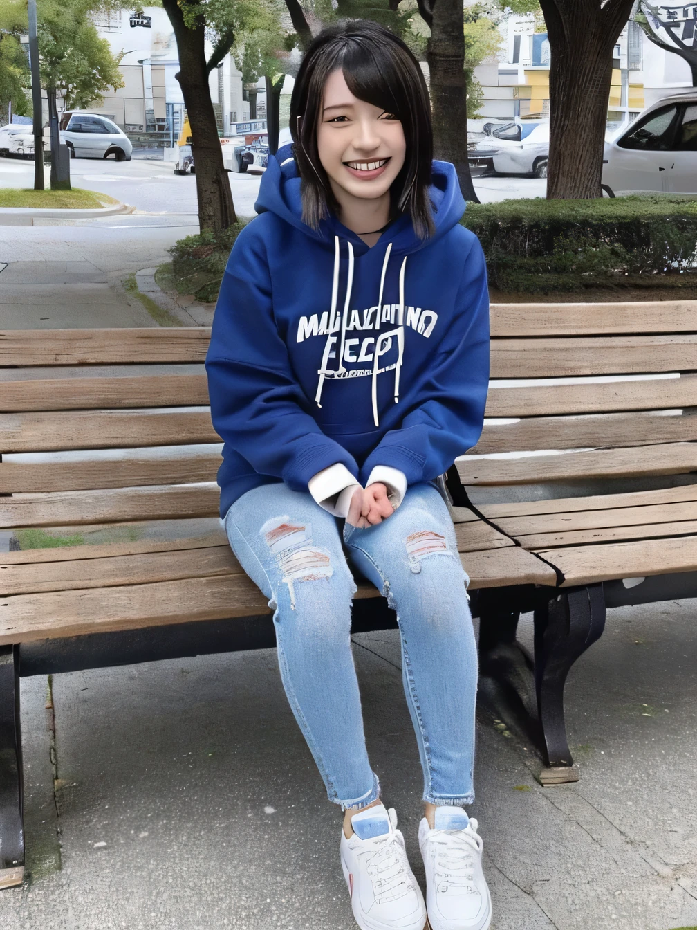 highest quality)), ((masterpiece)), (Get used to it), Perfect Face、((highest quality)), A neat and beautiful woman sitting on a park bench、ear piercing、hoodie、Skinny jeans、sneakers、Black Hair、Smiling with teeth showing、Full body photo、Ear piercing information