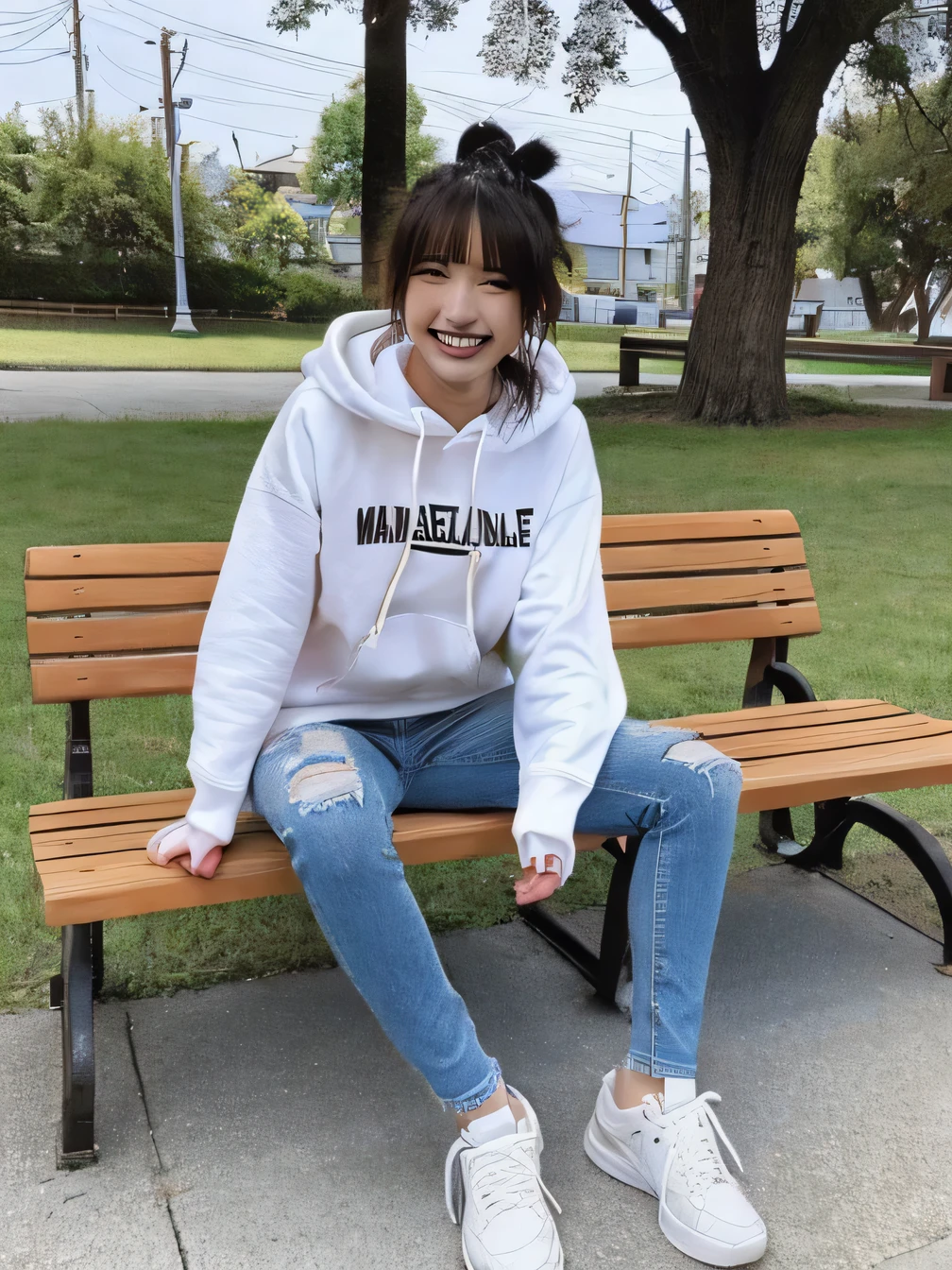 highest quality)), ((masterpiece)), (Get used to it), Perfect Face、((highest quality)), A neat and beautiful woman sitting on a park bench、ear piercing、hoodie、Skinny jeans、sneakers、Black Hair、Smiling with teeth showing、Full body photo、Ear piercing information