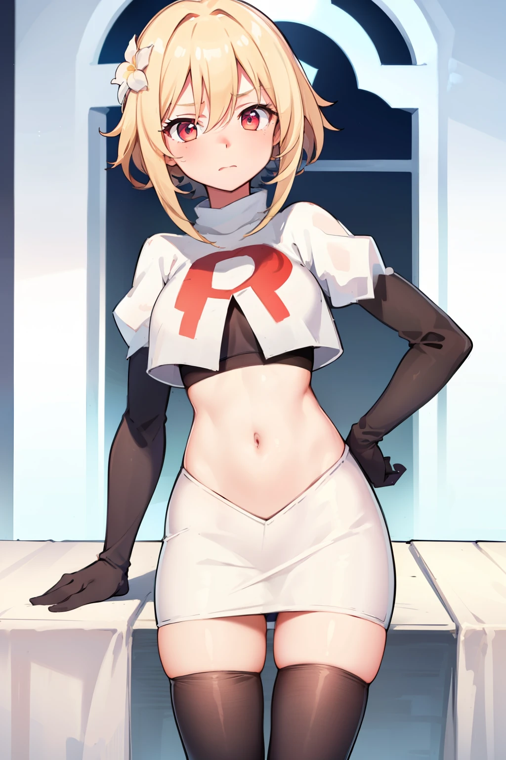 lumine \(genshin impact\), 1girl,flower,Blond hair,cute,hot,blushed,perfect eyes,expressive eyes, team rocket,team rocket uniform,white skirt,red letter R,crop top,black thigh-highs,black elbow gloves