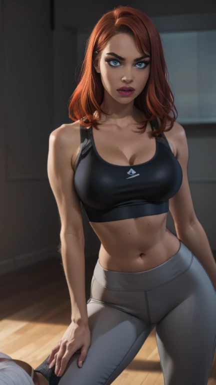 Highly detailed, masterpiece, expressive eyes. Young, athletic, beautiful ginger woman with blue eyes. Busty, thin waist, large ass, large hips, large thighs. She's wearing extremely tight tiny athletic shorts, no shirt, no bra, black baseball cap pulled over one eye, messy hair. Full body. Wearing makeup. Boxing Ring setting. Huge ass. Athletic. Dramatic, looking away from camera, showing off her butt. Bare breasts. Exposed breasts. Pink nipples.