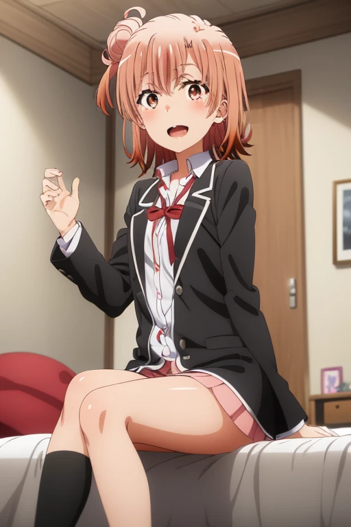 ((highest quality)), ((masterpiece)), (be familiar with), Perfect Face, indoor, Bedroom, Watching the audience,
One woman, Yuigahama Yui,
Open Mouth, Ecstatic expression, blush, smile,
Small breasts, Flat Chest, Young Girl, , , Girl,
Short Hair, Salmon-colored hair, Salmon-colored eyes, Side Pony,
Leg spread,