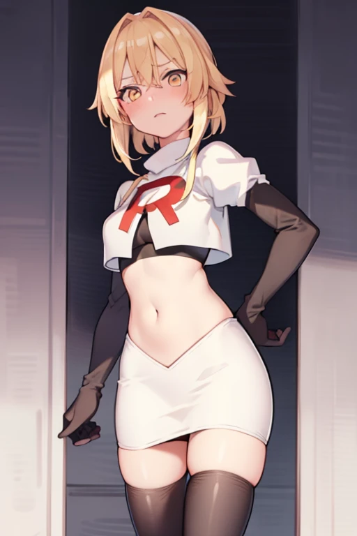 lumine \(genshin impact\), 1girl,flower,Blond hair,cute,hot,blushed,golden eyes,perfect eyes,expressive eyes, team rocket,team rocket uniform,white skirt,red letter R,crop top,black thigh-highs,black elbow gloves