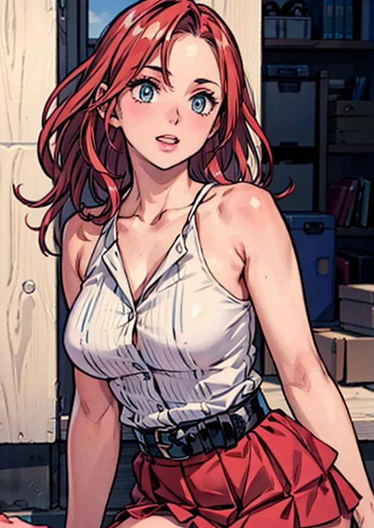 (best quality,4k,8k,highres,masterpiece:1.2),ultra-detailed,(realistic,photorealistic,photo-realistic:1.37),beautiful detailed eyes,beautiful detailed lips,extremely detailed eyes and face,long eyelashes,feminine,long wavy hair,(professional,model-like:1.1) pose,(graceful,elegant:nine),wide skirt,red skirt,red and white,midi skirt,smooth flowing skirt,slim waist,long skirt,white and,dark red,skater skirt,wearing skirt,short skirt length,layered skirt,black red white clothes,red and white dress