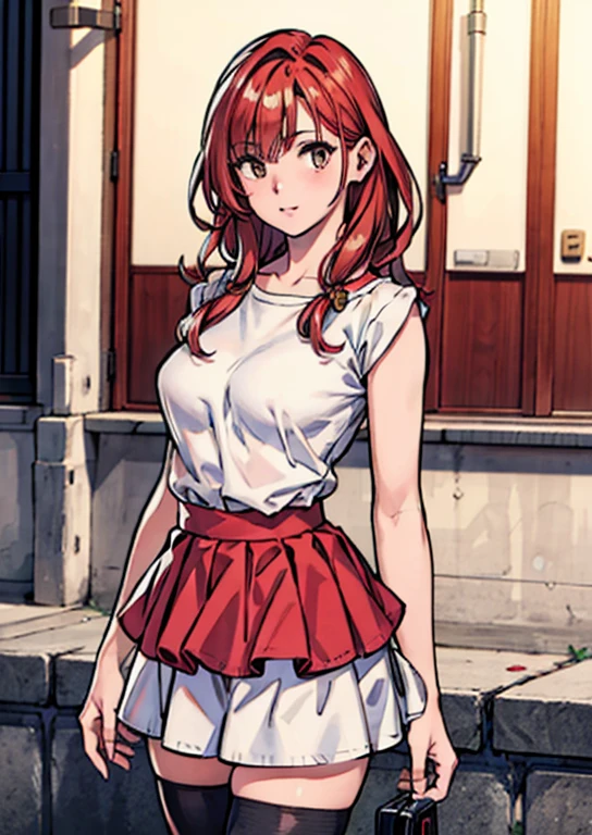 (best quality,4k,8k,highres,masterpiece:1.2),ultra-detailed,(realistic,photorealistic,photo-realistic:1.37),beautiful detailed eyes,beautiful detailed lips,extremely detailed eyes and face,long eyelashes,feminine,long wavy hair,(professional,model-like:1.1) pose,(graceful,elegant:nine),wide skirt,red skirt,red and white,midi skirt,smooth flowing skirt,slim waist,long skirt,white and,dark red,skater skirt,wearing skirt,short skirt length,layered skirt,black red white clothes,red and white dress
