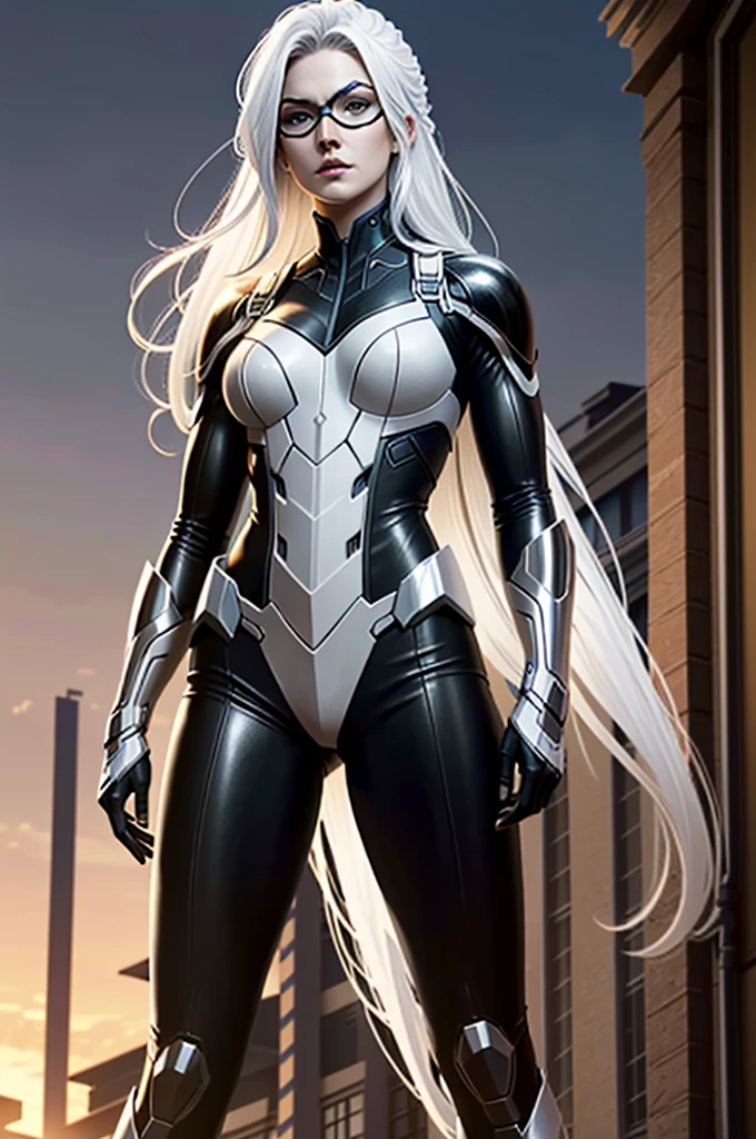 (masterpiece, best quality) MarvelBlackCat, Minka Kelly, solo, long hair, white hair, mask, seductive, standing in a rooftop scene, highly detailed, 8k, concept art, dramatic lighting