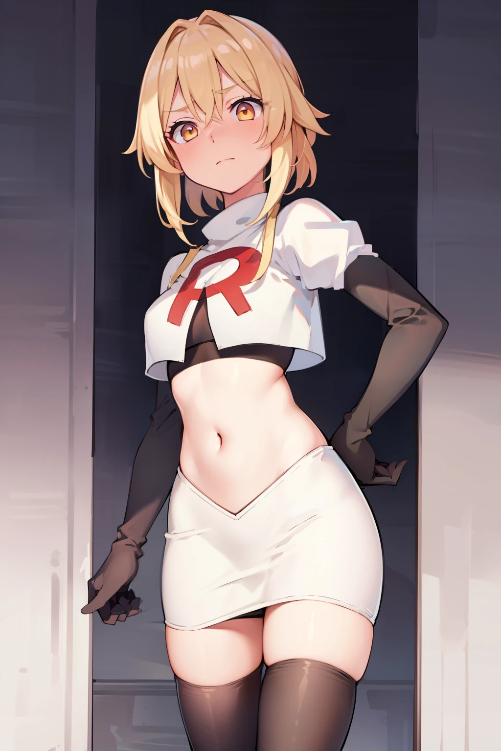 lumine \(genshin impact\), 1girl,flower,Blond hair,cute,hot,blushed,golden eyes,perfect eyes,expressive eyes, team rocket,team rocket uniform,white skirt,red letter R,crop top,black thigh-highs,black elbow gloves