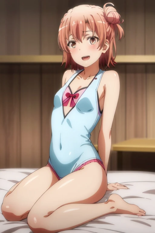 ((highest quality)), ((masterpiece)), (be familiar with), Perfect Face, indoor, Bedroom, Watching the audience,
One woman, Yuigahama Yui,
Open Mouth, Ecstatic expression, blush, smile,
Small breasts, Flat Chest, Young Girl, , , Girl,
Short Hair, Salmon-colored hair, Salmon-colored eyes, Side Pony,
Leg spread,